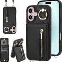 Crossbody Wallet Case for iPhone 17 with Lanyard Strap Card Slot Holder RFID Blocking 360 Ring Kickstand,Magnetic Flip Folio Zipper Purse Case, PU Leather Cover Handbag,Black