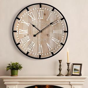Vantic Farmhouse 30 Inch Extra Large Decorative Wall Clock with Metal Circle, Oversized Wood Wall Clock with Large Roman Numeral for Living Room, Bedrooms and Offices, Silent and Battery Operated