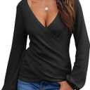 Prettywear Women's Long Sleeve Wrap Tops Sexy Casual Waffle Knit V Neck Shirts Solid Color Ruched Tunic Top Blouses Slim fit Large