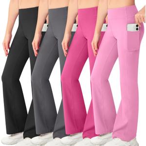 NORMOV Girl's Bootcut Yoga Pants with Pockets,High Waisted Casual Kids Bell Bottoms Pants (8-9 Years, 4packs(Black+Dark Grey+Rose Red+Apple Pink))