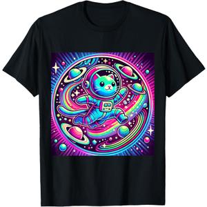 Astronaut Cat Flying Through a Neon Galaxy T-Shirt, Size Small
