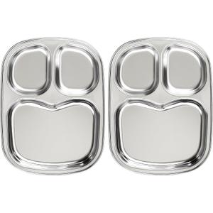 Korean Stainless Steel Divided Plates for Toddlers, Kids, Babies, Premium 304, Electro-Polished, No Black Residue, BPA-Free, 3-Compartment Plate, Food Tray for Camping, Balanced Meals, Set of 2