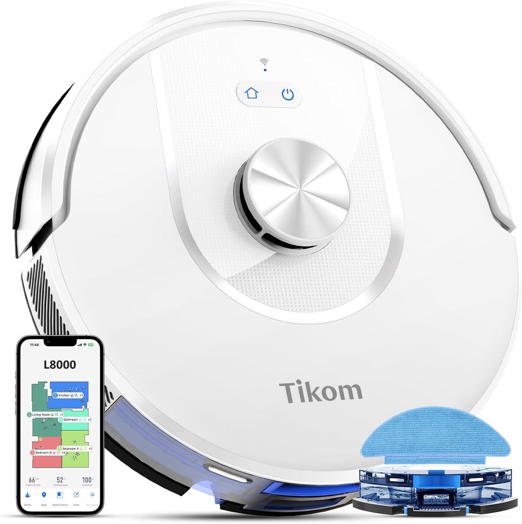 Tikom Robot Vacuum and Mop, L8000 Laser LiDAR Navigation Robotic Vacuum, 150Mins Max, 45dB, 14 No-Go Zones, 20 Virtual Walls, Self-Charging, Good for Pet Hair, Carpet, Hard Floor, White