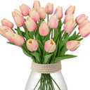 24 Pink Tulips - Artificial Flowers - 13.5" Faux Tulips for Mother's Day, Vase, Centerpieces, Home, Wedding Bouquet (24pcs Gradient Peachy)