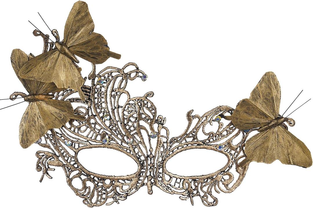 Lace Masquerade Masks for Women - 2025 Halloween Venetian Butterfly Mask with Rhinestone (Gold)