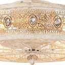 Vintage French Country Fandelier Ceiling Fan with Lights and Remote,Small Antique Flush Mount Caged Bladeless Light with Crystal, Low Profile for Hallway, Bedroom,Dining Room (antique white gold)