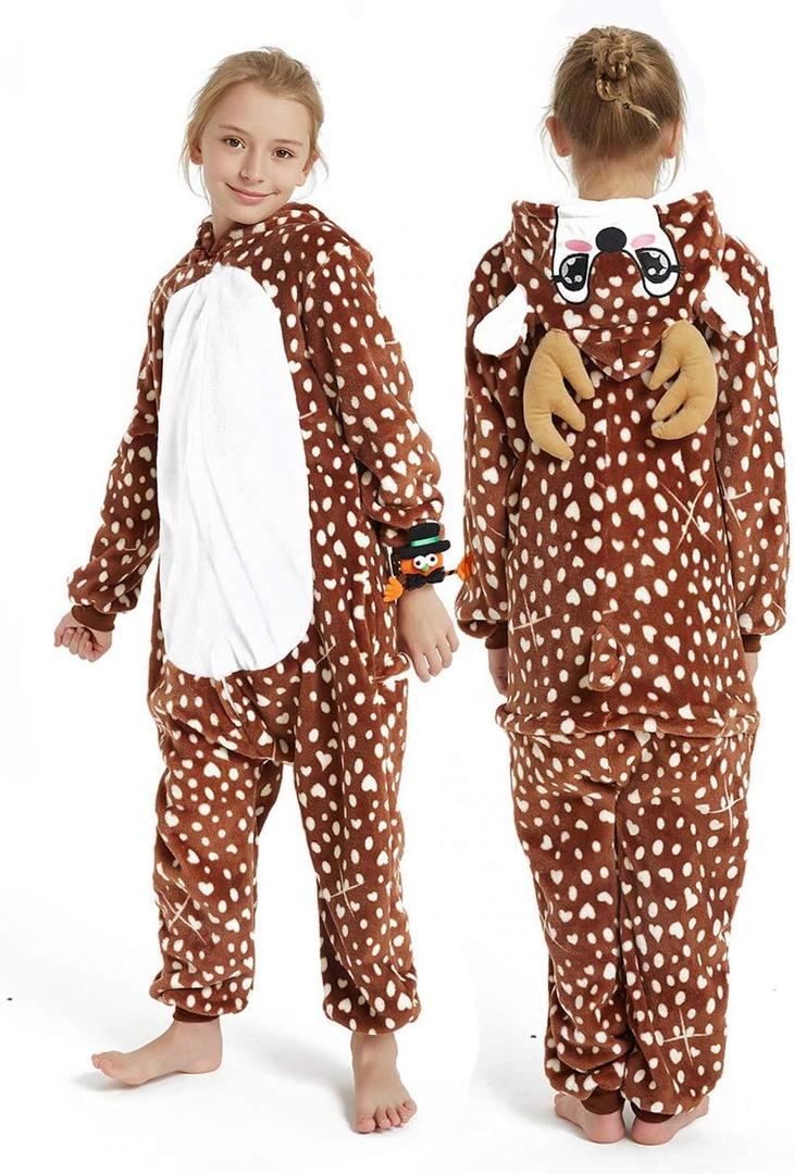 Kid Reindeer Onesie Pajamas Deer Christmas Halloween Costume Boy Girl Animal Onepiece, Dot Deer, 130cm (8-9 Years)