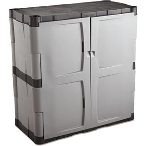 Rubbermaid Freestanding Storage Cabinet with Doors 18"D x 36"W x 37"H Medium Gray/Black Two-Shelf Lockable Cabinet for Indoor/Outdoor/Garage Storage for Garden Tools/Lawn Care Accessories