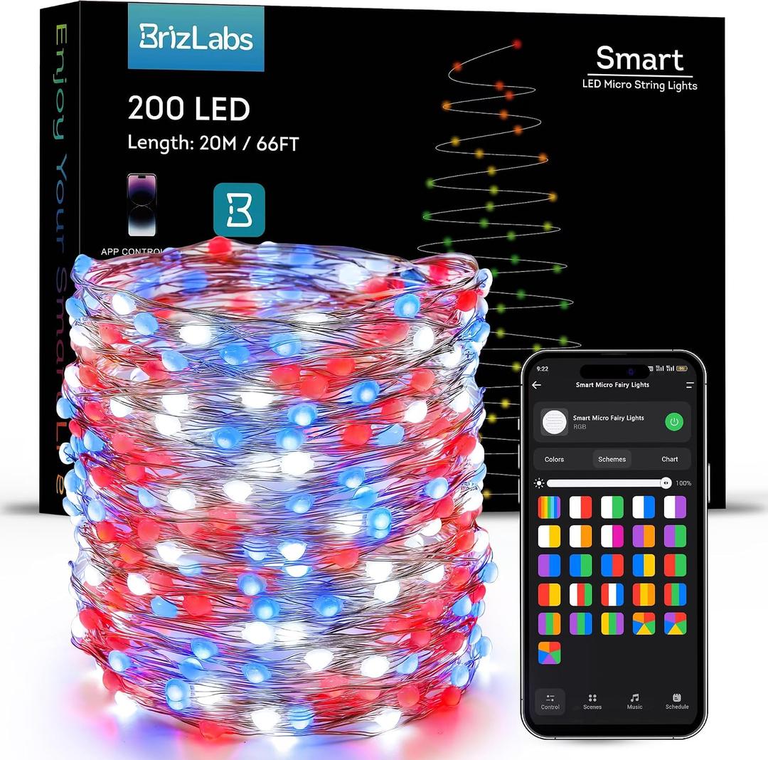 BrizLabs Smart Fairy String Lights, 66ft 200 LED WiFi 4th of July Fairy Lights App Control, Dimmable Red White Blue Light Rainbow Christmas Light, Music RGB Xmas Lighting Work with Alexa & Google Home