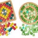 Esweny 2 Sets of Glass Mosaic Tiles for Crafts, Mixed Colors Mosaic Kits with Bamboo Coaster for Adults,Mosaic Crafts Materials Package for Coaster Handmade Home Decor Gifts (Round+Square)