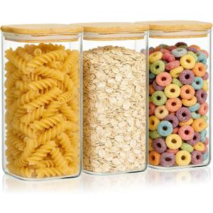 KEYWING 50oz Airtight Glass Storage Containers with Lids Set of 3, Square Glass Jars with Bamboo Lids, Kitchen Pantry Storage Canister for Flour, Sugar, Cereal, Coffee Beans, Pasta, Cookies & Tea