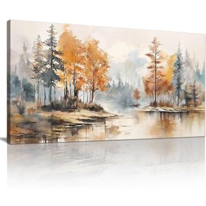 WENGTIAO Large Wall Art for Living Room Framed Lakeside Forest Canvas Wall Painting Pictures Orange Watercolour Landscape Art Prints Artwork Wall Decor for Bedroom Office Room Decoration Hang 60X120cm