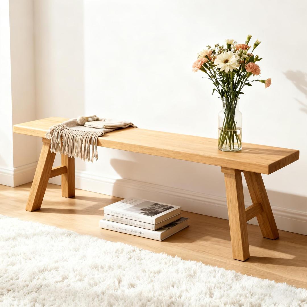 47.2" Solid Wood Entryway Bench - Extra Long Elm Wood Farmhouse Dining Bench for Hallway, Bedroom, Kitchen - Antique Natural Finish, 47.2*10.2*17.7in/120*26*45cm