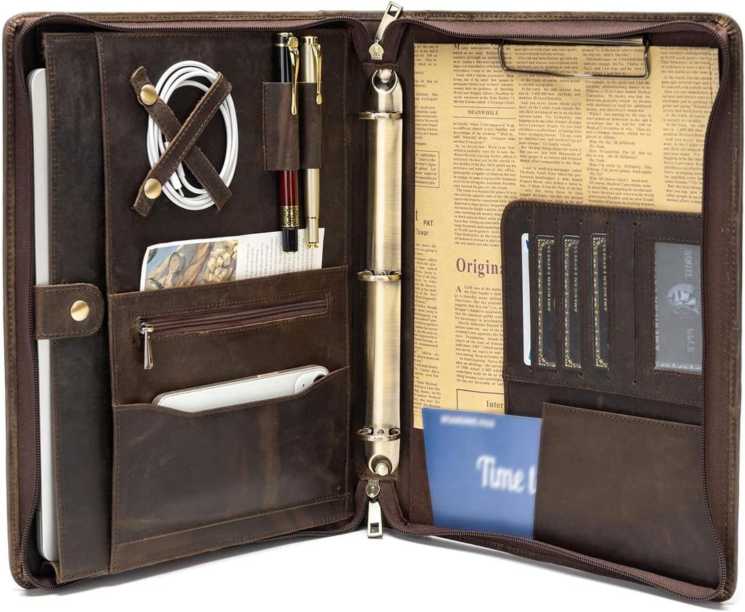 YIWEN Handmade Genuine Leather Portfolio, Zippered Padfolio with 3 Ring Binder, Professional Business Organizer, Resume Folder, Notebook Organizer with Tablet (Non-Custom, Dark Khaki)