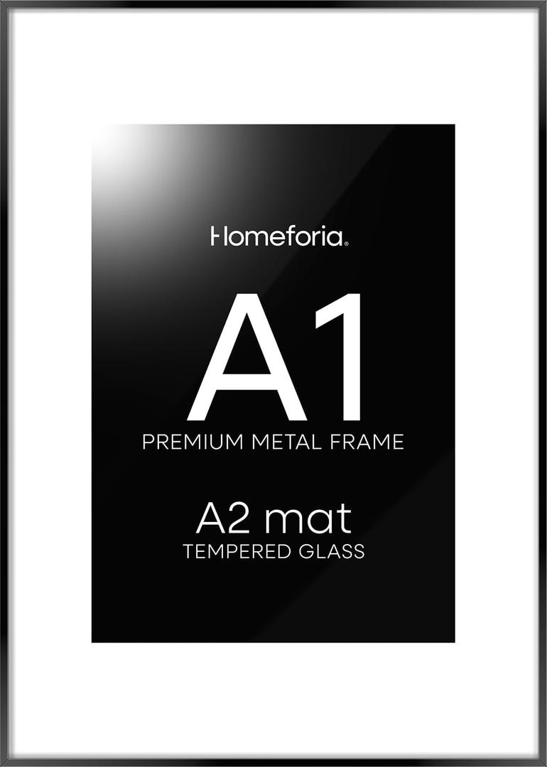 Homeforia Picture Frame A1 Black, High End Metal 23.4 x 33.1 inch Large Picture Frames with Mat 16.5 by 23.4 for Photo, A1 Size Frames Matted to A2 Print, 23.4x33.1 Thin Frame, Tempered Glass, Set of 1