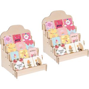PATIKIL Greeting Card Display Stand, 2 Pcs 4 Tiered Sticker Display Holder Portable Postcard Display Stand Wooden Greeting Card Display Rack for Card Photo, 11.8 x 10.4 x 14.2, Beige