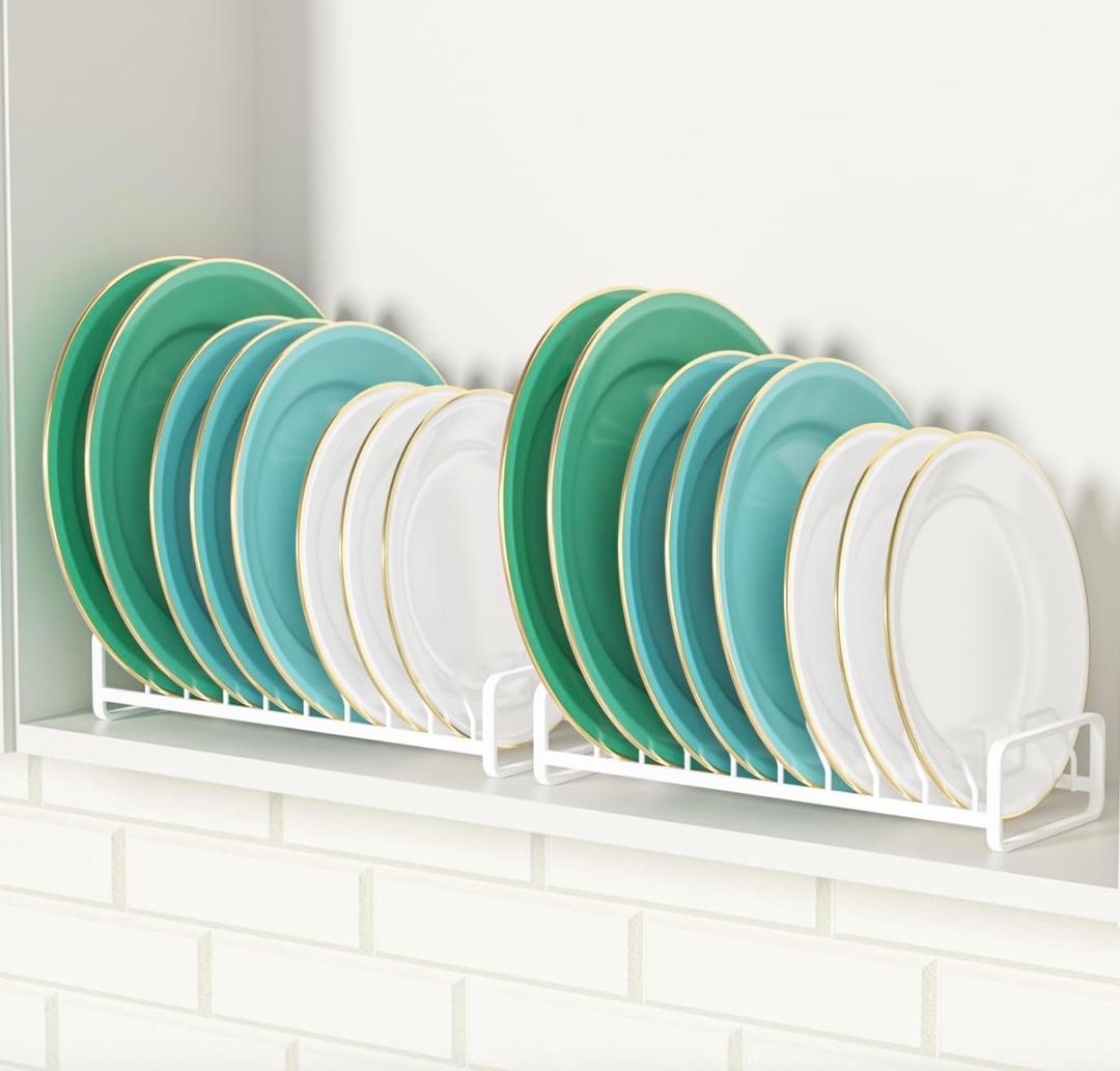 Plate Organizer for Cabinet (2-Pack),Kitchen Dish Rack Organizer for Cabinet Countertop Drawer Space Saver8 Slots Vertical Plate Holder Storage Rack, Housewarming Kitchen Gifts for Women (White)