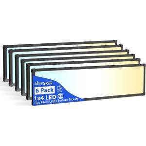AIKVSXER 6Pack 1x4 LED Flat Panel Light, 6500LM Ultra-Bright, 30-50W Black | 3000K-6500K Adjustable, 0-10V Dimming, AC120-277V, Slim Surface Mount Ceiling Light for Office, Home, Garage
