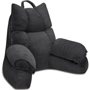 RRPAHWTV Reading Pillow for Bed with High Arm Rests ,Back Support Pillow for Sitting Up in Bed with Shredded Memory Foam for Reading, TV, Gaming or Relaxing on FloorGrey Black, Large