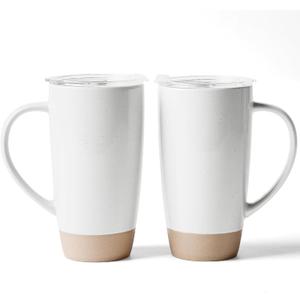 famiware Milkyway Coffee Mugs, 20oz Large Coffee Mug, Ceramic Mug Set of 2 with Lid, Cup Set with Handle for Latte, Tea, Cocoa, Milk, Home & Office, White