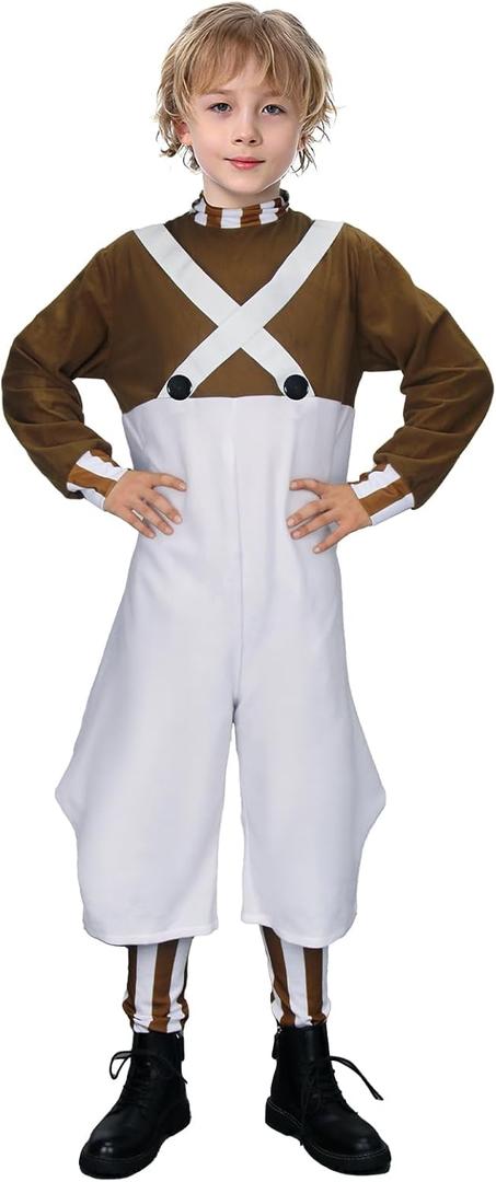 Vikidoky Brown Candy Chocolate Factory Worker Costume Jumpsuit Outfit Bodysuit with Leg Warmers Wig Halloween Cosplay Uniform (Medium, Kids)