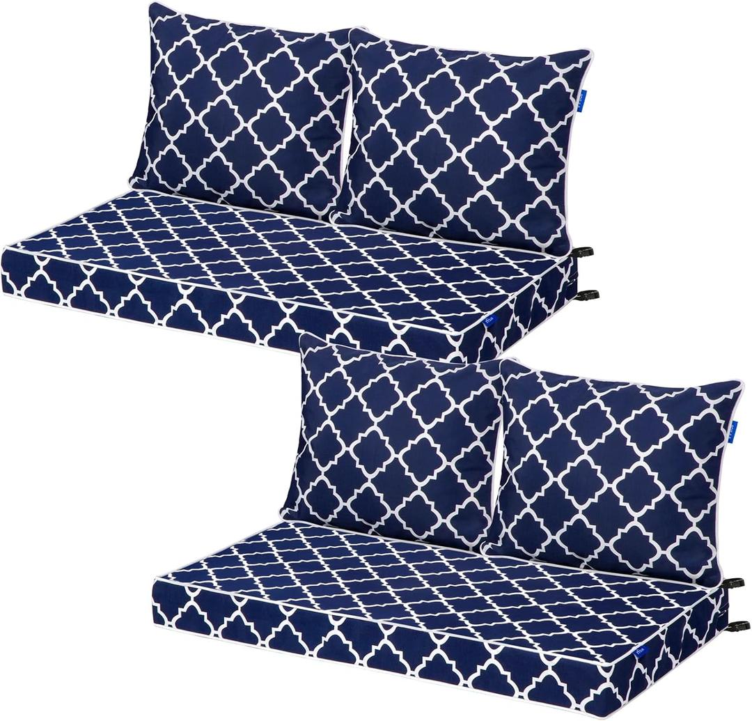 Outdoor Loveseat Cushion Set Patio Deep Seat Cushion for Outdoor Furniture Water Repellent 44'' x 24'' Patio Cushion Set for Couch, Bench and Swing, Fade Resistant (Blue Plaid, 2 Sets)