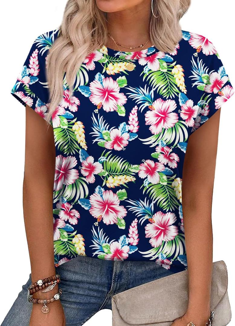 Alaroo Womens Summer Tops Short Sleeve Shirts Crew Neck Tshirt Cute Trendy Tunic Blouses (S-3XL) (L)