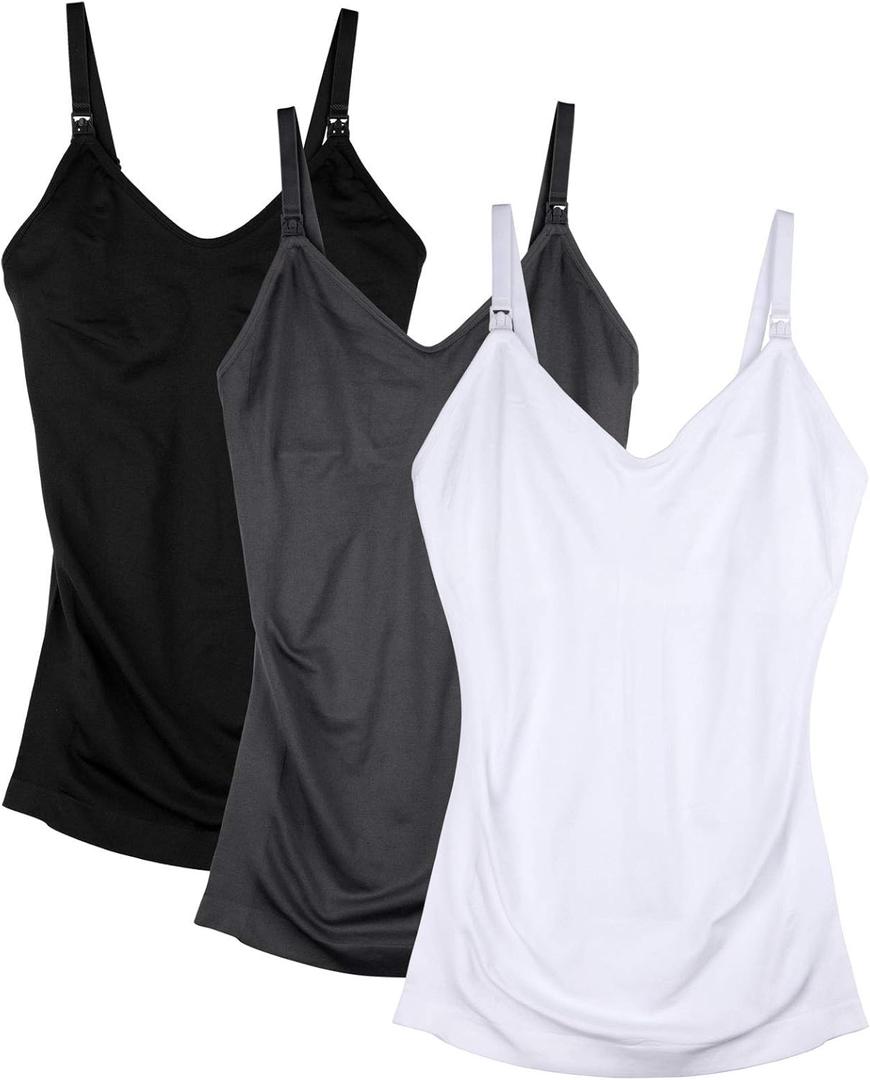 Womens Maternity Nursing Tank Cami for Breastfeeding with Adjustable Straps (Large, Black/Grey/White)
