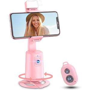 Auto Face Tracking Tripod 360° Rotating Cell Phone Photo and Video Kits Stand, No App, Camera Stand with Remote and Gesture Control, Rechargeable Smart Shooting Stand for Live Recording Tiktok（Pink）