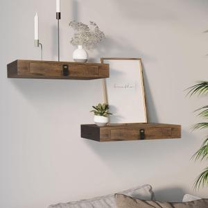 Floating Shelf with Drawer Set of 2, Floating Nightstand for Bedroom - 16 Wall Shelf, Floating Shelf with Storage Bathroom Kitchen Floating Bedside Table (Rustic Brown)