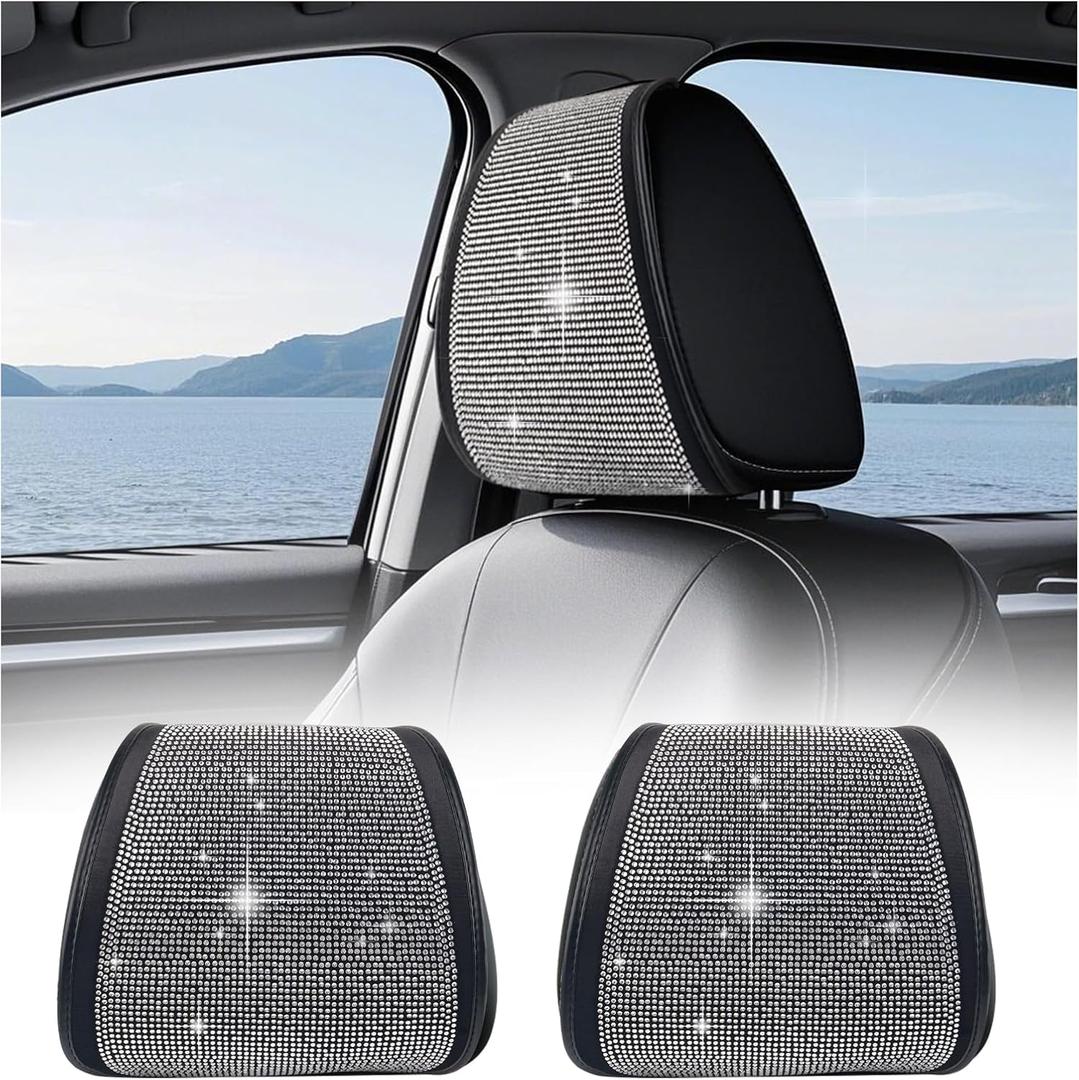 2PCS Bling Car Headrest Covers with Rhinestone,Stylish Car Headrest Covers for Cars Decorations & Protection,Universal Head Rest Cover Cars Accessories for Most Vehicles (Diamond Style)