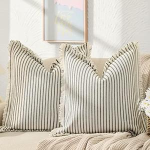 ZWJD Throw Pillow Covers 24x24 Set of 2 Black Striped Pillow Covers with Fringe Chic Cotton Decorative Pillows Square Cushion Covers for Sofa Couch Bed Living Room Farmhouse Decor