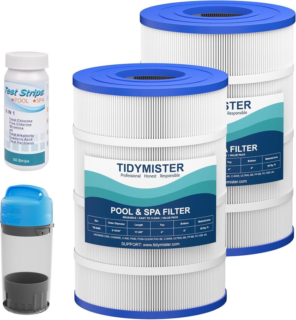 TidyMister C900 Pool Filter Cartridge Replacement, Compatible with Hayward C900, CX900RE, Pleatco PA90, Unicel C-8409, Filbur FC-1292, Sta-Rite Posi-Clear PXC-95, 90 sq.ft, 17 3/8" x 8 15/16", 2 Pack