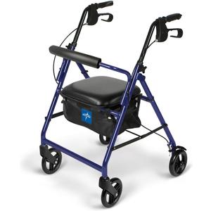 Medline Aluminum Rollator Walker with Seat, Blue, 250 lb. Weight Capacity, Lightweight, 6 Wheels, Foldable, Adjustable Handles, Rolling Walker for Seniors