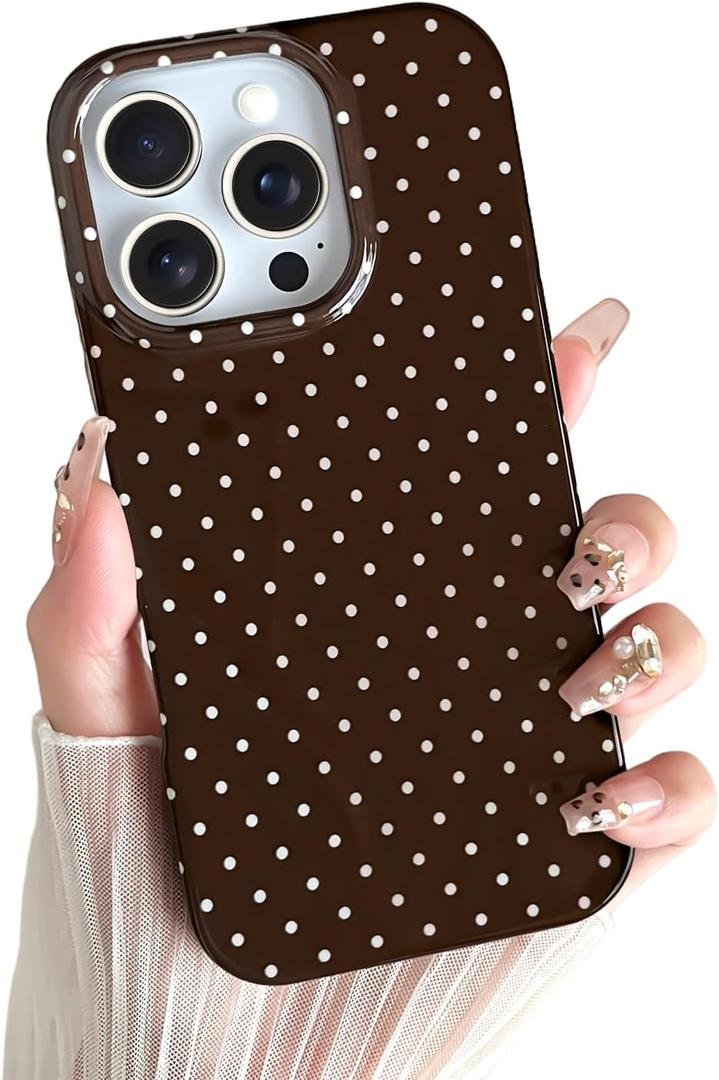 Yeddabox for iPhone 16 Pro Max Case Cute Polka Dot Phone Case Soft TPU Slim Shockproof Phone Cover for Women Girls, Brown