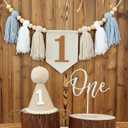 1st Birthday Highchair Banner Decorations For First Boys Khaki Cone Hat With One Cake Topper Photo Backdrop (Khaki Banner)