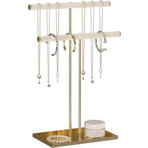 Necklace Organizers Holder, Small Jewelry Display Stand for Women, Men and Vendors, Long Necklace Organizer, Multi-Functional Bracelet Hanger, Space Saving Design (2 Tier Beige Velvet)