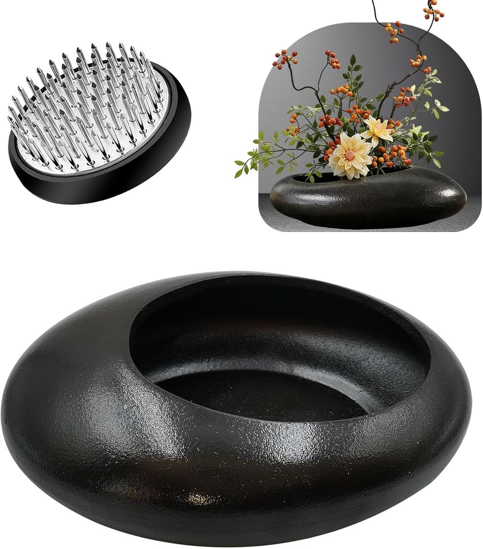 Flower Frog Vase Kit, Ceramic Ikebana Kit,with Flower Frog Pin Frog Flower Stems Holder, for Flower Arrangement, Floral Arrangement, Living Room, and Restaurant Center Decoration. (Black Small Size)