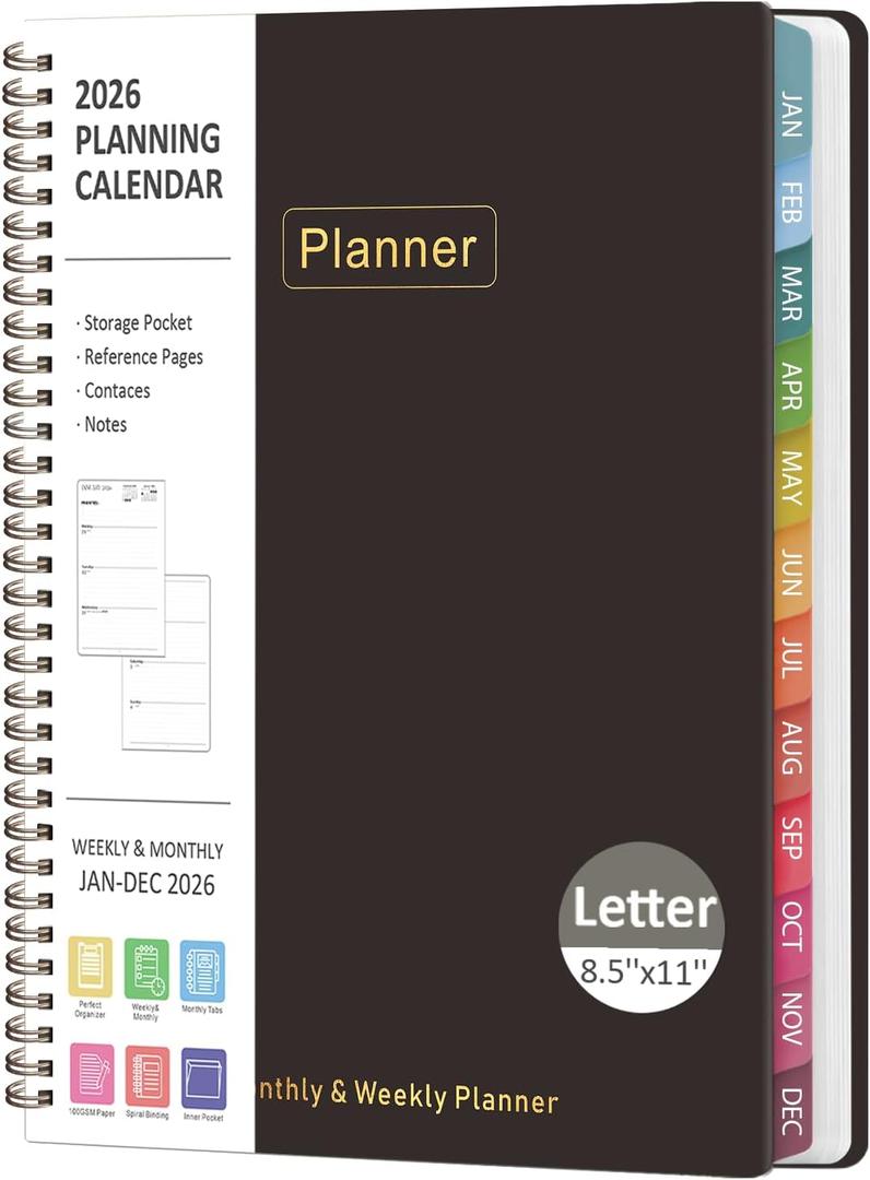 2026 Planner, 8.5" x 11" Weekly and Monthly Large Calendar Planner, Letter Size, Jan - Dec 2026, Hardcover Daily Agenda and Organizers for School Essentials & Office Supplies