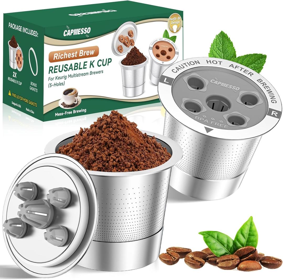 CAPMESSO Reusable K Cups for Keurig: 2025 Updated My K cup Metal Coffee Filter Refillable Coffee Pods with 5 Holes - for K Supreme/K Slim/K-Duo Gen2/K-Brew Chill with MultiStream Technology (2 Pack)