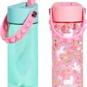 Elemental Leak Proof Water Bottles for Kids - Splash Kids Water Bottle for School with Fun Pop-it Handle - Tritan Plastic Water Bottle with Straw - Pink Unicorn & Robins Egg - 18oz (2 Pack)