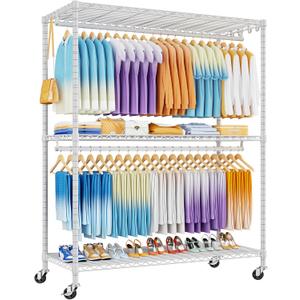 ULIFHOME P8 Max Heavy Duty Clothes RackWith Extended Width Design Rolling Clothing Racks for Hanging ClothesPortable Garment Rack with Lockable Wheels51.2" W x 15.8" D x 80.5" HLoad 700LBSWhite