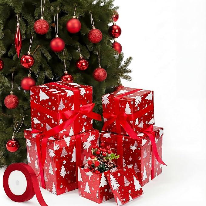 Cholemy 5 Pcs Christmas Nesting Gift Box Set with Lid  Assorted Size Xmas Nested Box with Ribbon (Wine Red Ribbon, Xmas Tree)