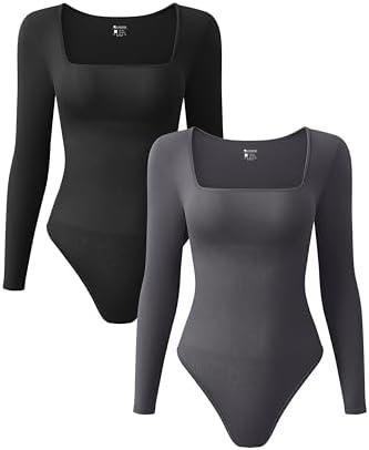 OQQ Women's 2 Piece Bodysuits Sexy Ribbed One Piece Square Neck Long Sleeve Tops L OQQ Women's 2 Piece Bodysuits Sexy Ribbed One Piece Square Neck Long Sleeve Tops L