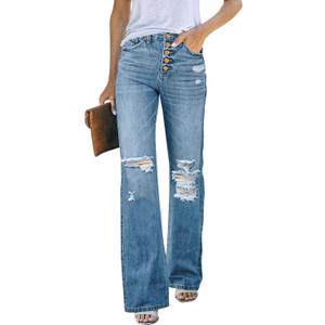 LookbookStore High Waisted Ripped Flare Jeans for Women Distressed Bell Bottom Jeans Wide Leg Pants (Blue, M)