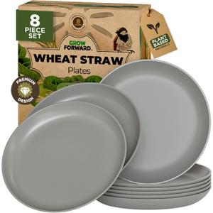 Grow Forward Premium Wheat Straw Plates - 8 Inch Reusable Hard Plastic Dinner Plates Set of 8 - Unbreakable Microwave Safe Plates for Dessert, Camping, RV, Outdoors, Patio, Kitchen Dishes - Feather