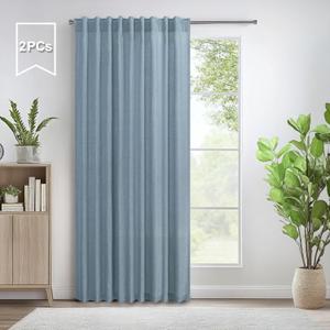 60 Inch Wide Blue Linen Curtains for Bedroom Light Reducing Sheer Large Window Curtain Panel Set of 2 Total Width 120 x 96 Inch Long 5x8 FT Length Back Tab Pocket Chambray Blue Country Farmhouse Decor
