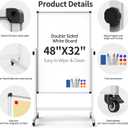 Rolling Whiteboard, Double Sided Magnetic Dry Erase Board Height Adjustable Whiteboard with Stand for Home Office Classroom (48" x 32")