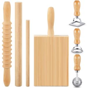 Tioncy 7 Pcs Pasta Making Tool Set Wood Gnocchi Board with Ravioli Stamp Ravioli Maker and Rolling Pin for Gnocchi Garganelli Italian Pasta Tools for Beginners and Home Cooks Kitchen Gift