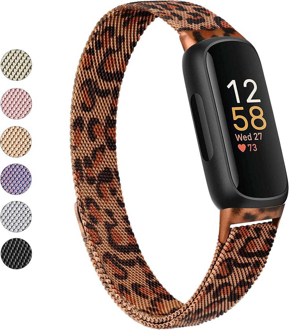 Vanjua for Fitbit Inspire 3 Bands Women Men, Stainless Steel Metal Mesh Loop Adjustable Magnetic Wristband Replacement Straps Compatible with Fitbit Inspire 3 Fitness Tracker (Leopard)